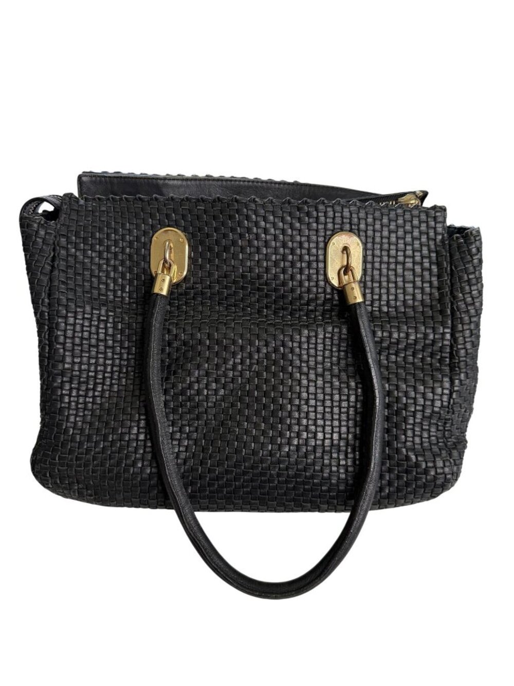 Cole Haan Black Woven Leather Tote Shoulder Bag Gold Tone Hardware Double Handle